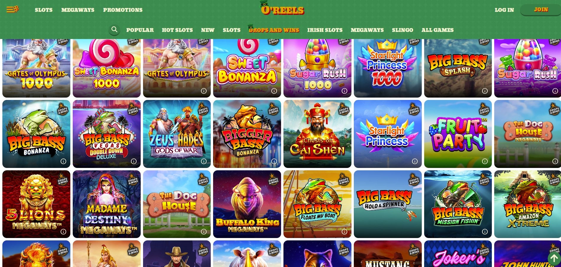 O'Reels Casino is neatly laid out with various slot categories easy to navigate through