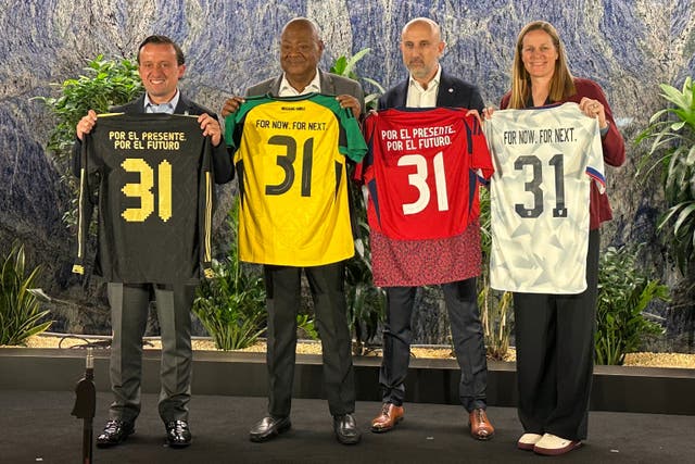 <p>From left to right, Mexican Football Federation president Mikel Arriola, Jamaica Football Federation president Michael Ricketts, Costa Rican Football Federation president Osael Maroto MartÃ­nez and U.S. Soccer president Cindy Parlow Cone pose with jerseys at a news conference in New York, Monday, Oct. 20, 2025, to announce the four nations had joined a proposal to co-host the 2031 Women's World Cup, the only bid being considered by FIFA. (AP Photo/Ron Blum)</p>
