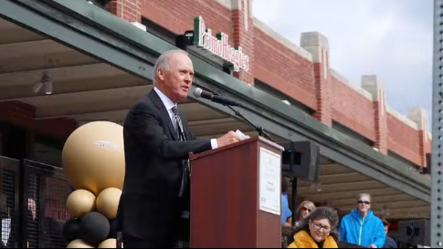 <p>Michael Keaton gave remarks after he was honored at the Pittsburgh Walk of Fame on Monday</p>