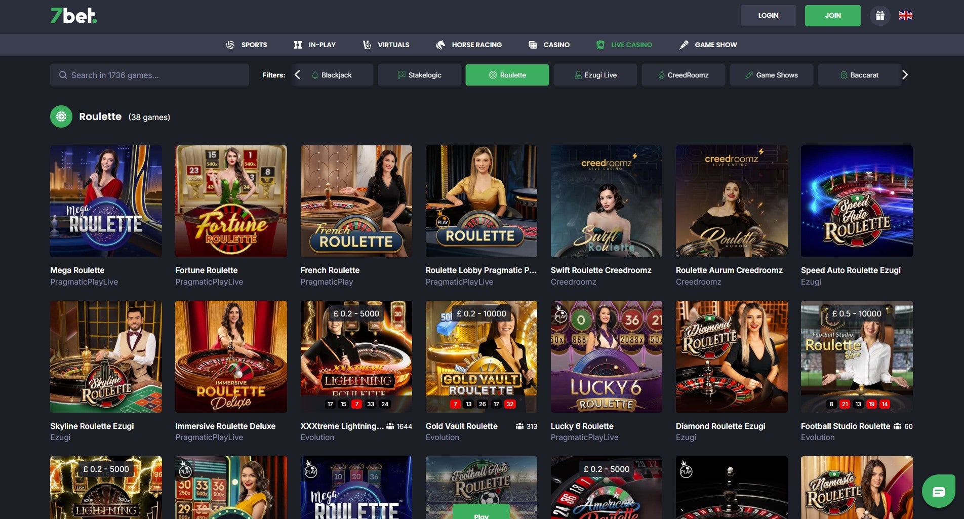 We found a comprehensive 38 variations of roulette in the 7Bet Live Casino section