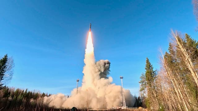 <p>A Yars intercontinental ballistic missile (ICMB) is test-fired from the Plesetsk launch facility in northwestern Russia</p>