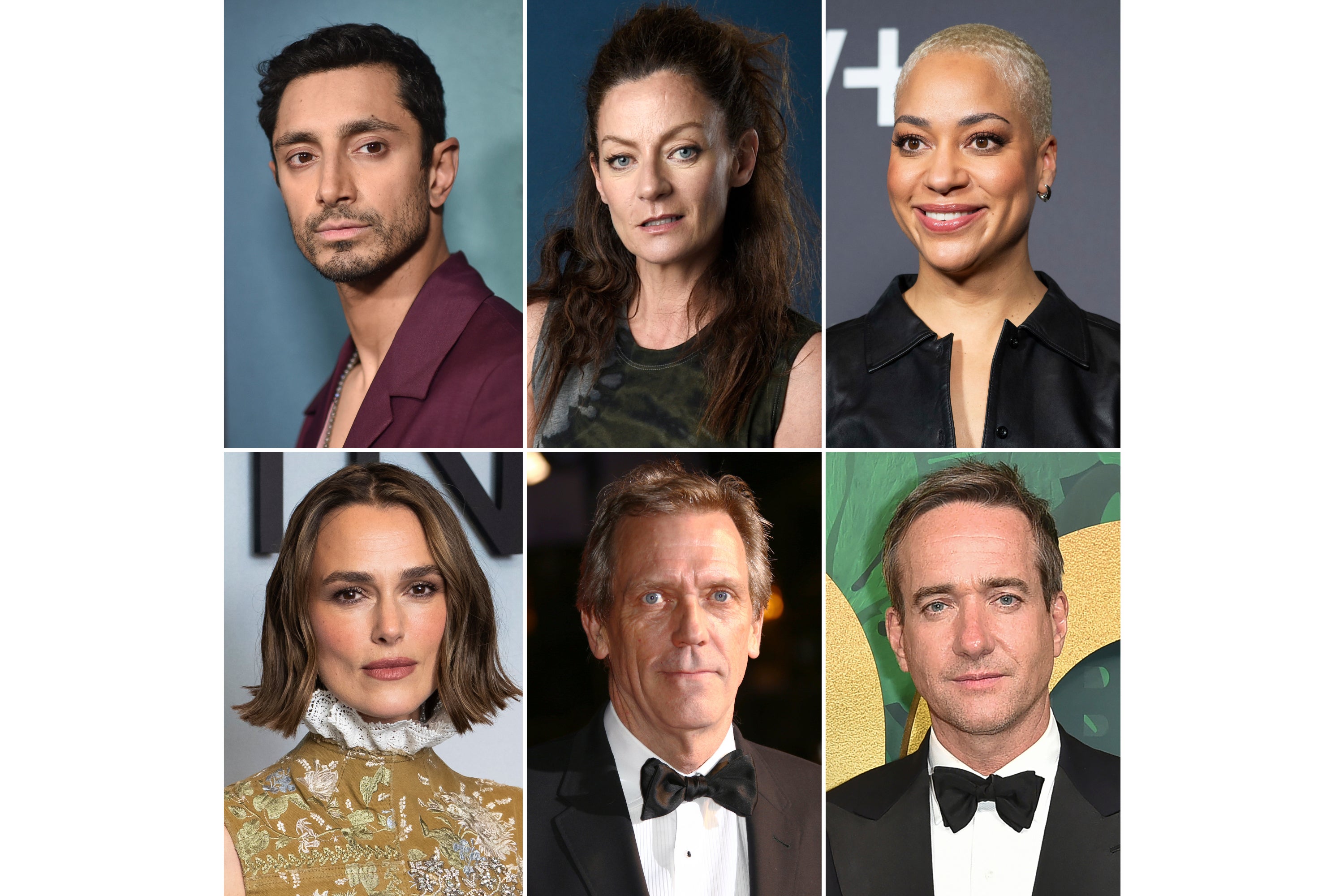 Actors lending their voices to the Audible Harry Potter series, top row from left, Riz Ahmed, as Professor Snape, Michelle Gomez, as Professor McGonagall, Cush Jumbo as the narrator, bottom row from left, Keira Knightley, as Dolores Umbridge, Hugh Laurie, as Albus Dumbledore, and Matthew Macfadyen, as Voldemort