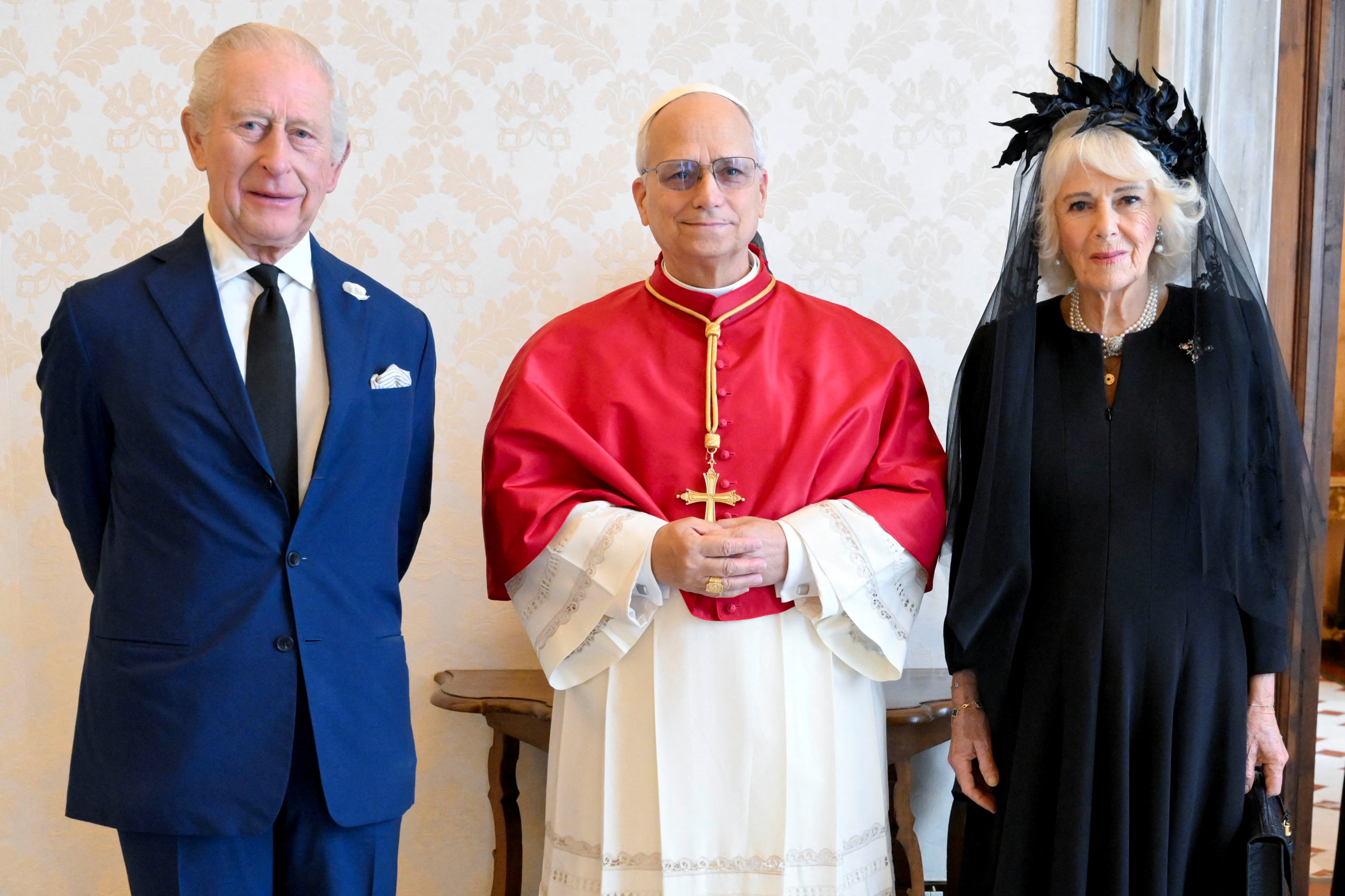 Pope Leo XIV meets with King Charles and Queen Camilla during a private audience at the Vatican on Thursday