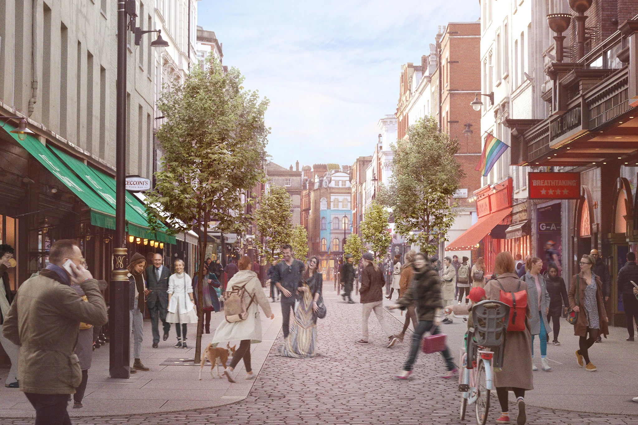 Blandification: an artists’ impression of Old Compton Street, one of Soho’s main streets – reimagined without the traffic