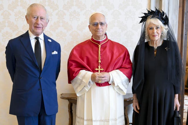 The King and Queen meeting Pope Leo XIV during a state visit to the Holy See (Simone Risoluti/Vatican Media)