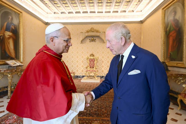 <p>Charles shaking hands with Pope Leo XIV during the royal visit on Thursday</p>