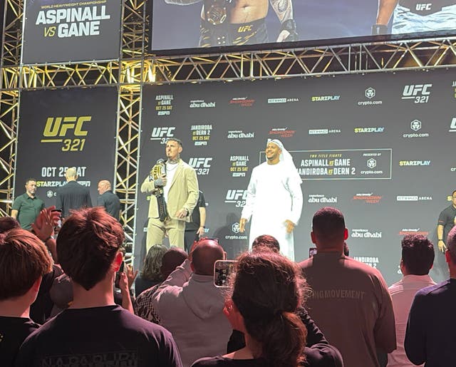 <p>Tom Aspinall (left) and Ciryl Gane at the conclusion of the UFC 321 press conference</p>