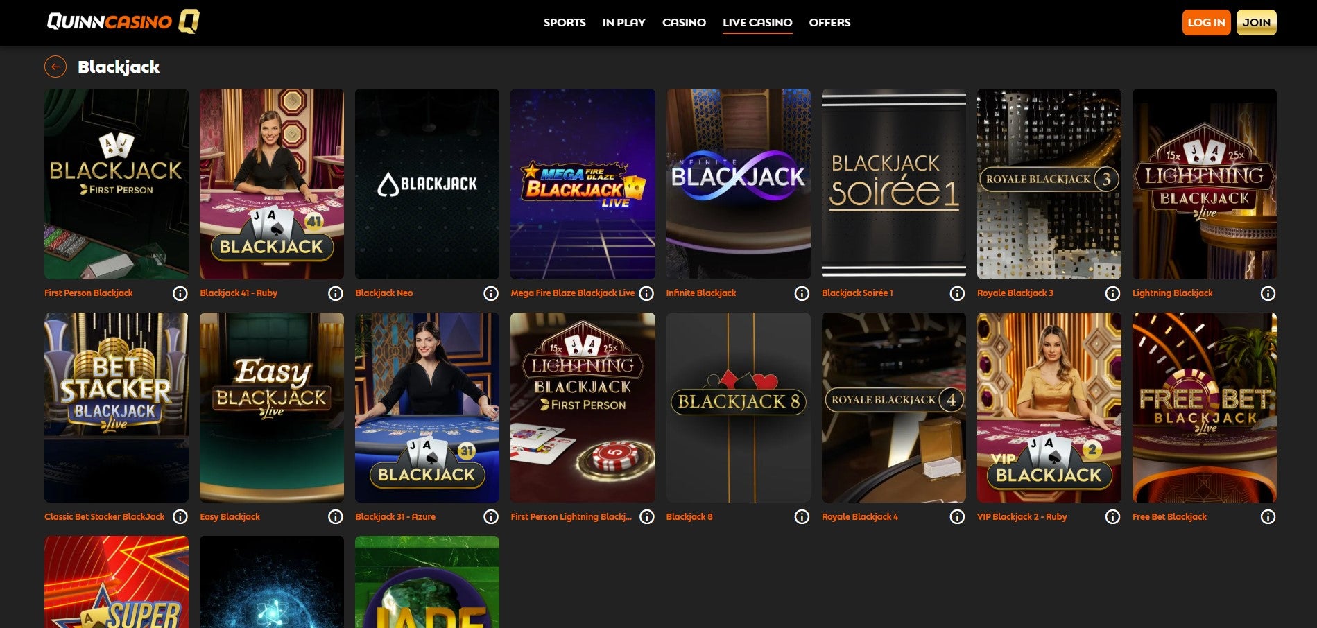 QuinnCasino Live BlackJack Section