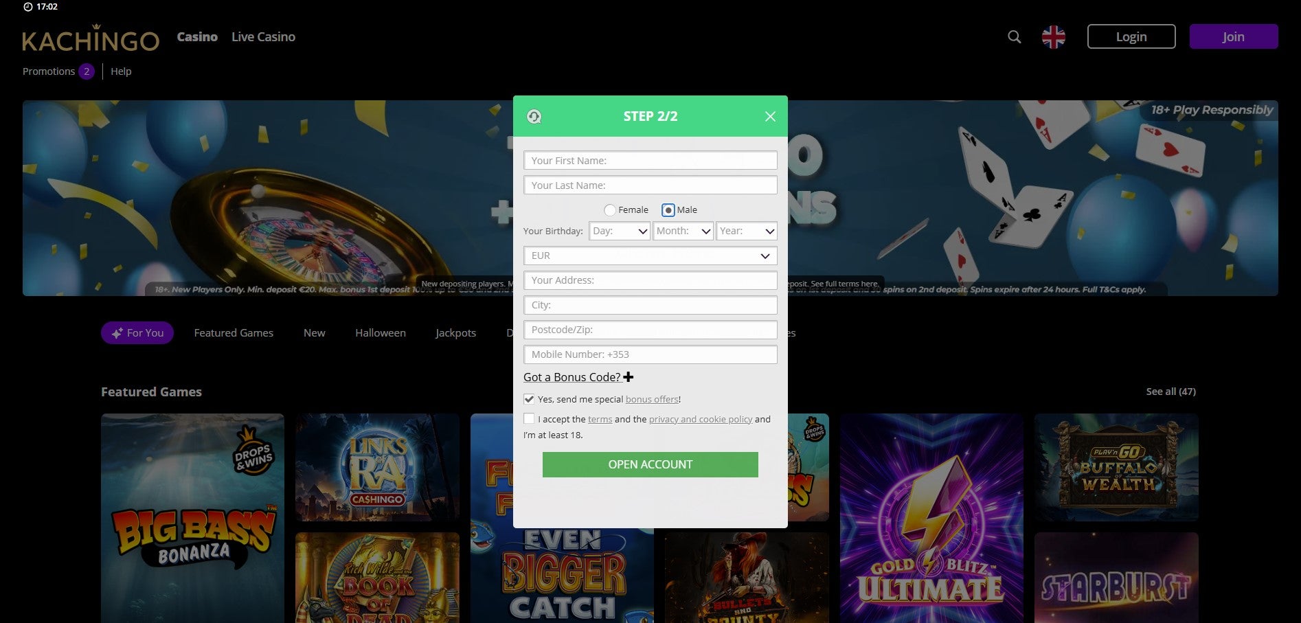 Enter your personal details before making your first deposit to claim your bonus