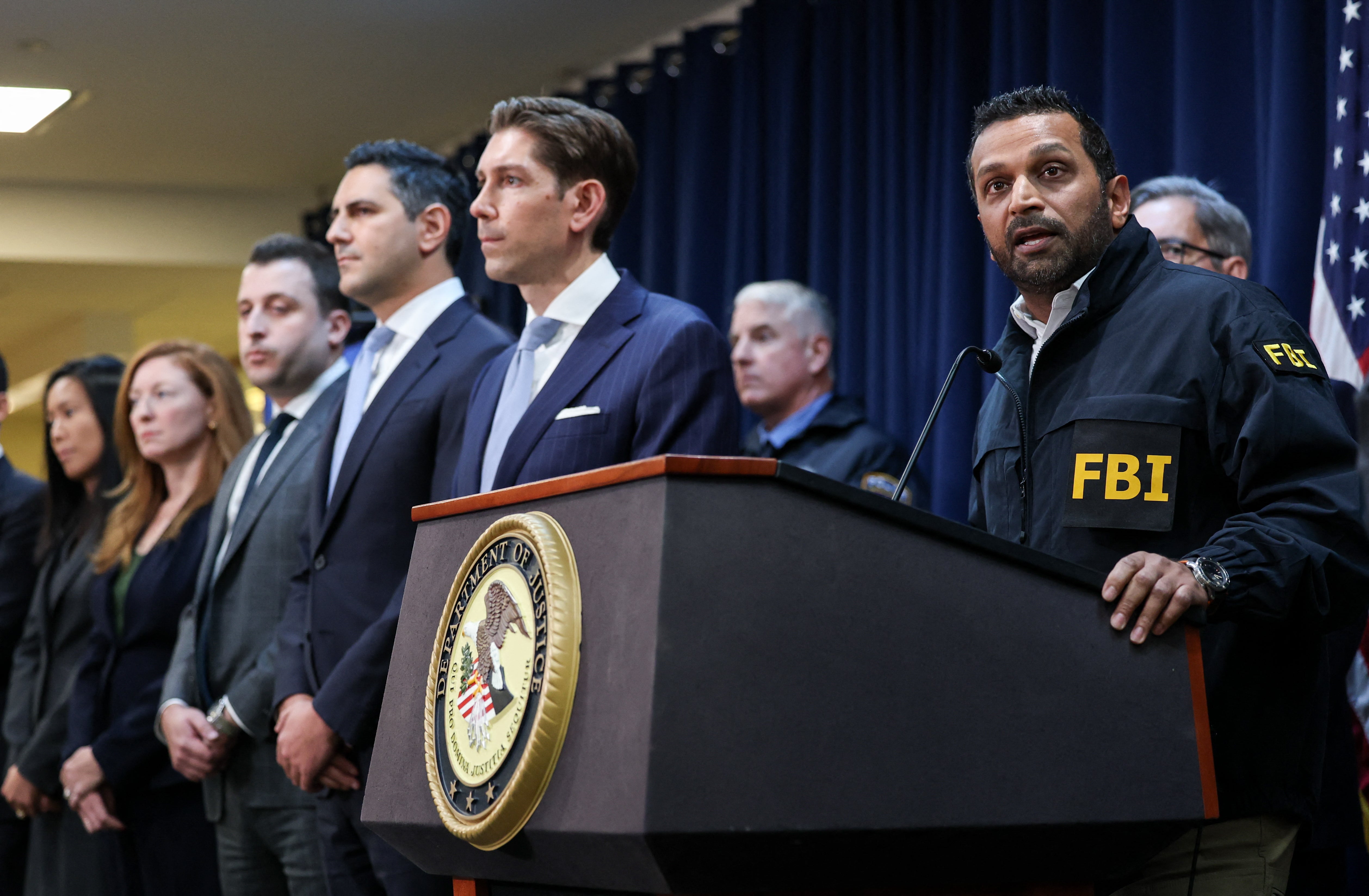 FBI Director Kash Patel with members of the FBI. He has come under fire for taking a government jet on personal trips, including to a luxury resort in Texas and to his girlfriend’s home in Tennessee, according to a new report.
