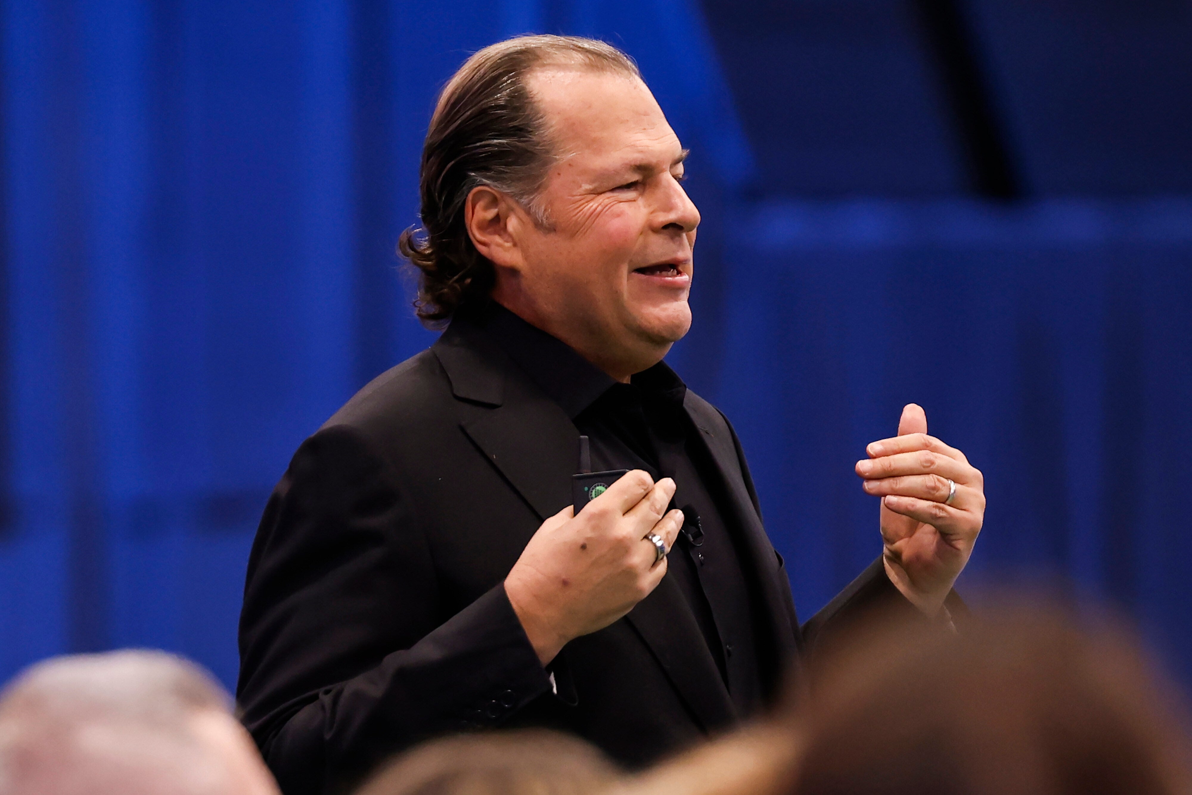 Salesforce CEO Marc Benioff delivers the keynote address at the start of the Dreamforce conference at the Moscone Center in San Francisco, California Tuesday, Oct. 14, 2025.
