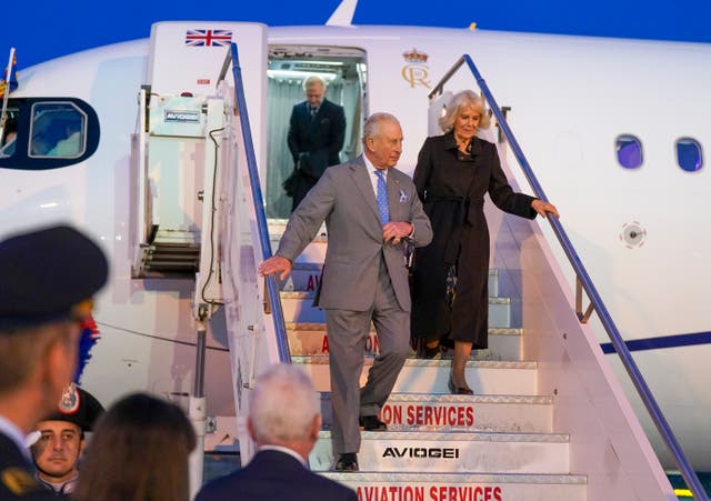 <p>King Charles III and Queen Camilla arrive at Ciampino Airport in Rome for their historic state visit</p>