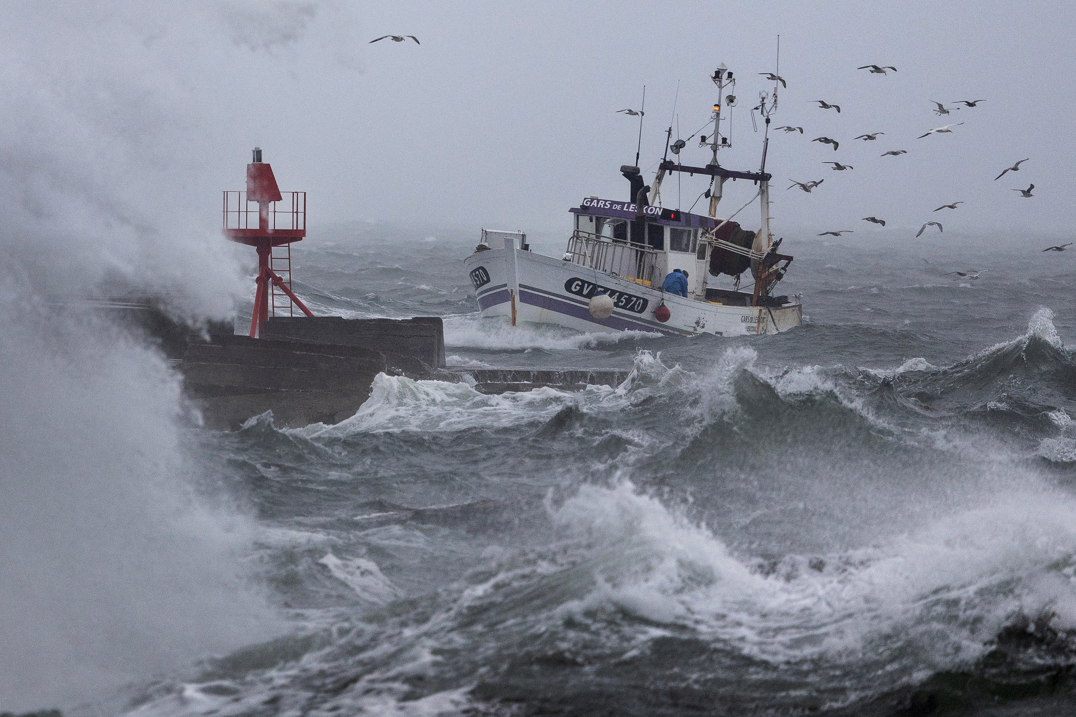 <p>A fishing boat arrives at the port of Plobannalec-Lesconil, in western France, on Wednesday as huge waves and strong winds hit the area</p>