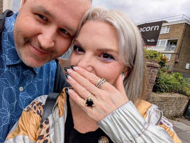 <p>Mat proposed to Rachel with an onyx heart pigeon ring in July this year</p>