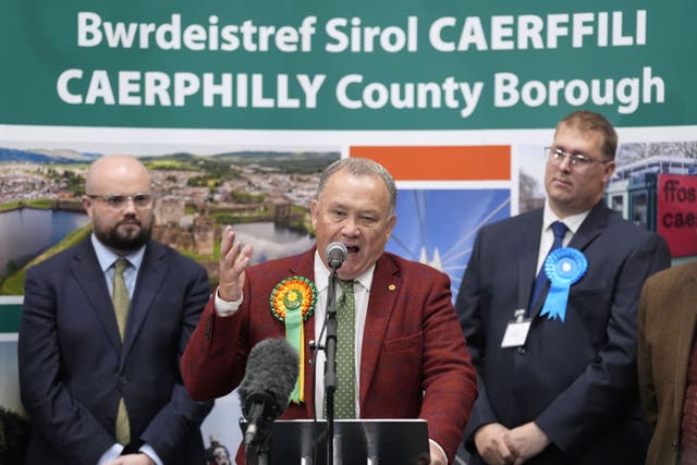 Plaid Cymru’s Lindsay Whittle (centre) makes a speech after being declared winner (Andrew Matthews/PA)