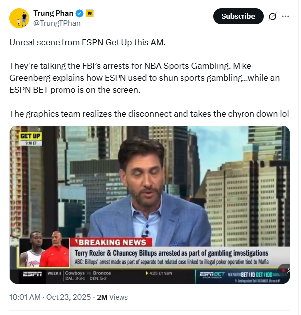 Capturas de tela de Mike Greenberg, da ESPN, falando sobre o escândalo de jogos de azar da NBA enquanto a rede transmitia uma promoção para um aplicativo de apostas esportivas se tornaram virais nas redes sociais.