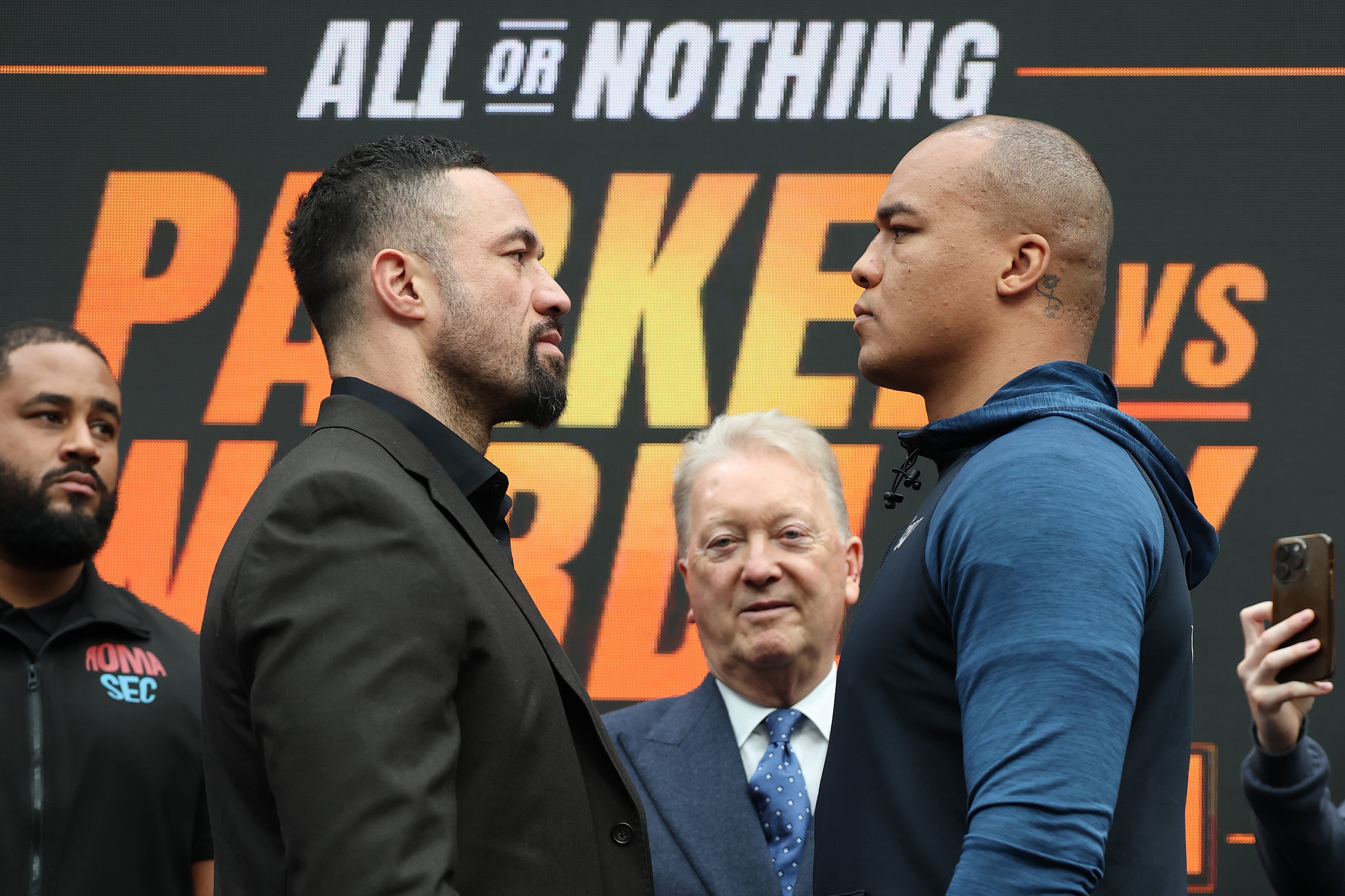 <p>Joseph Parker (left) and Fabio Wardley face off at their final press conference</p>