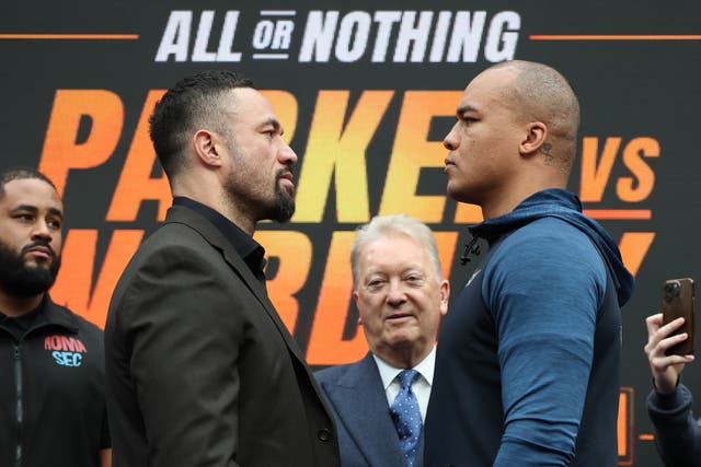 <p>Joseph Parker (left) and Fabio Wardley face off at their final press conference</p>