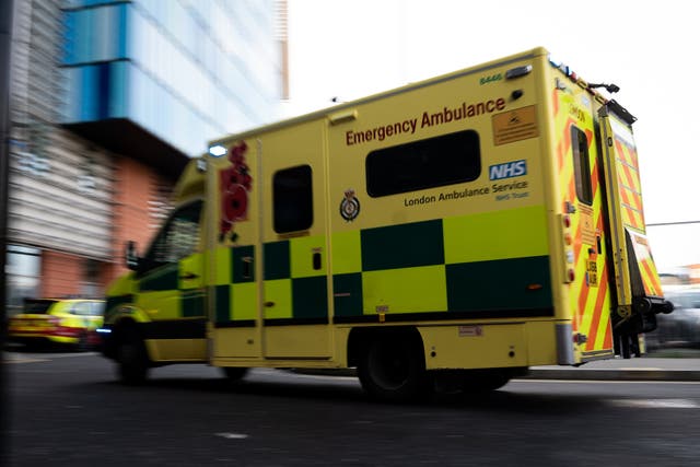 <p>An ambulance arriving at an Emergency Department (A&E) at the Royal London hospital in London</p>