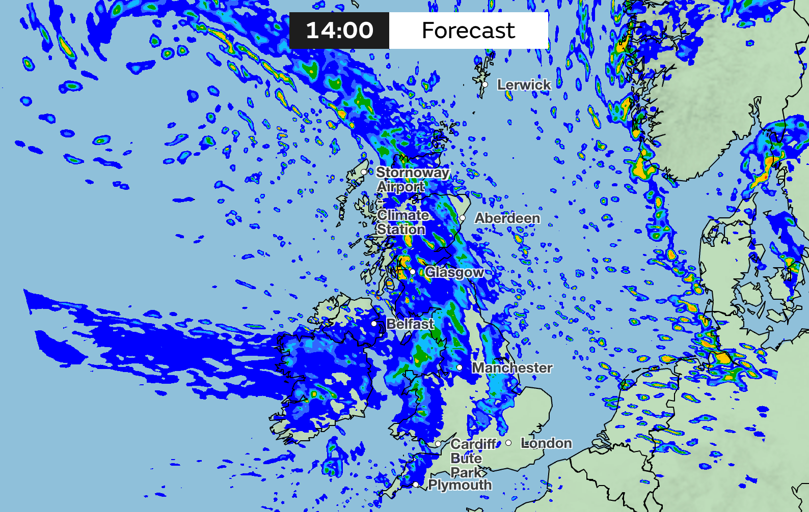 Rain forecast at 2pm on Sunday