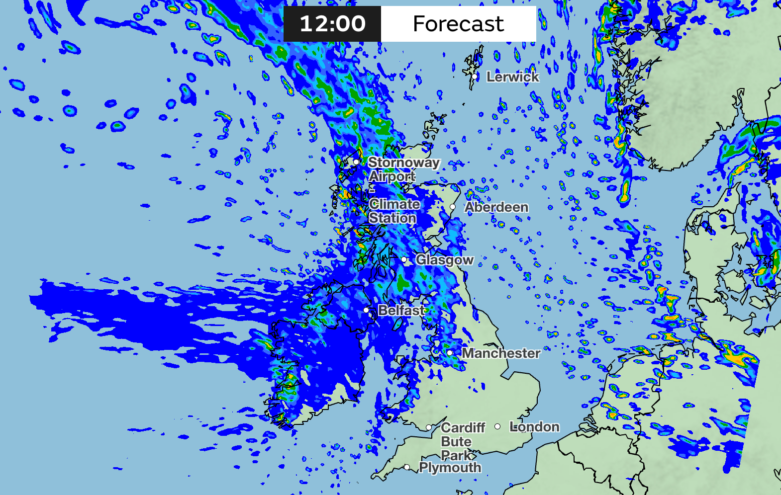 Rain forecast at 12pm sunday