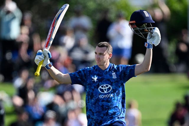 England captain Harry Brook celebrates after reaching his century (Andrew Cornaga/AP)