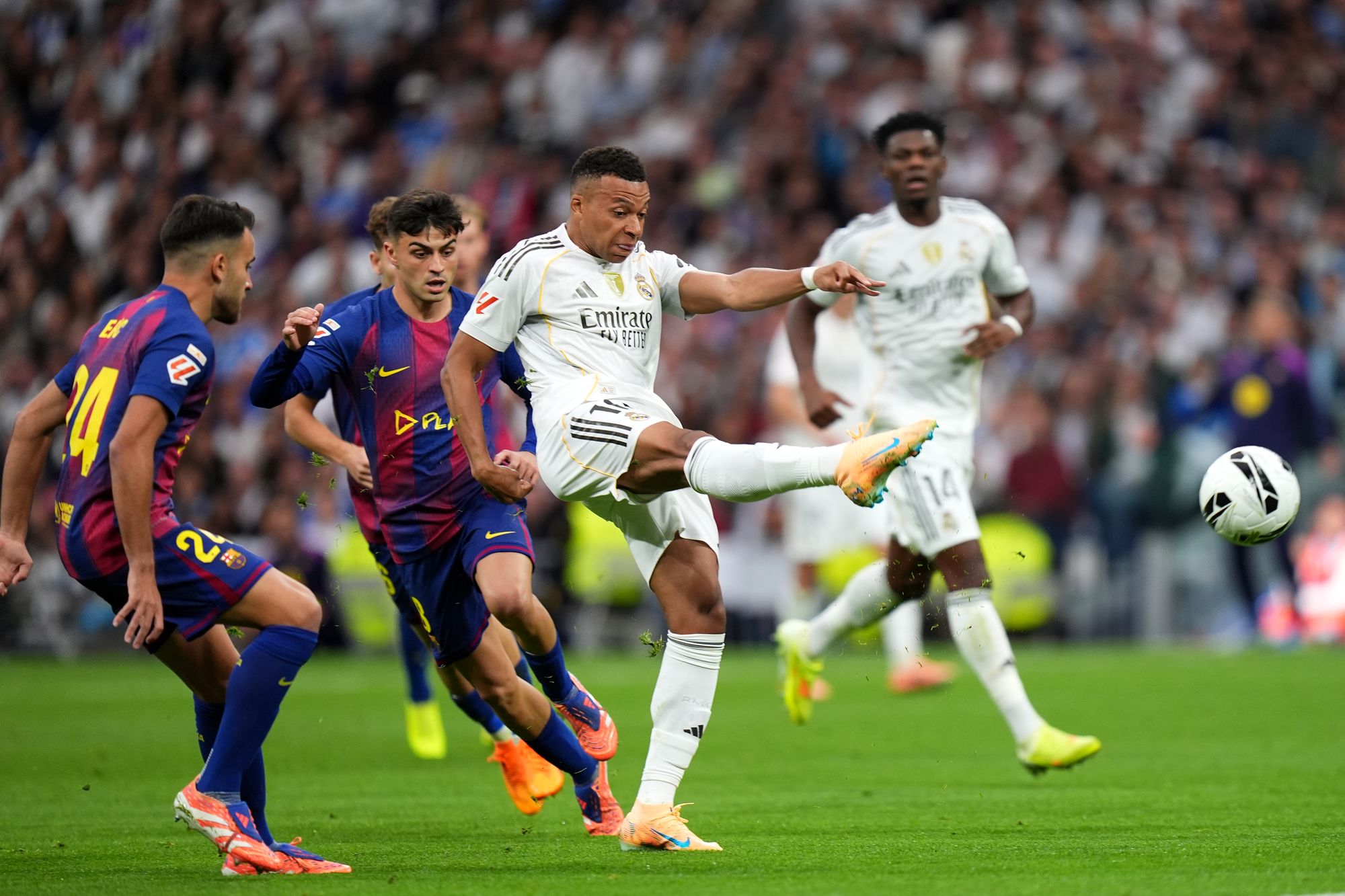 Kylian Mbappe lashes the ball home...