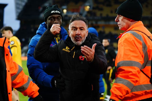 <p>Wolves boss Vitor Pereira got into a heated exchange with fans after the final whistle (Jacob King/PA)</p>