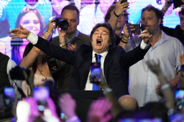 <p>Argentina's President Javier Milei celebrates after winning in legislative midterm elections in Buenos Aires, Argentina</p>