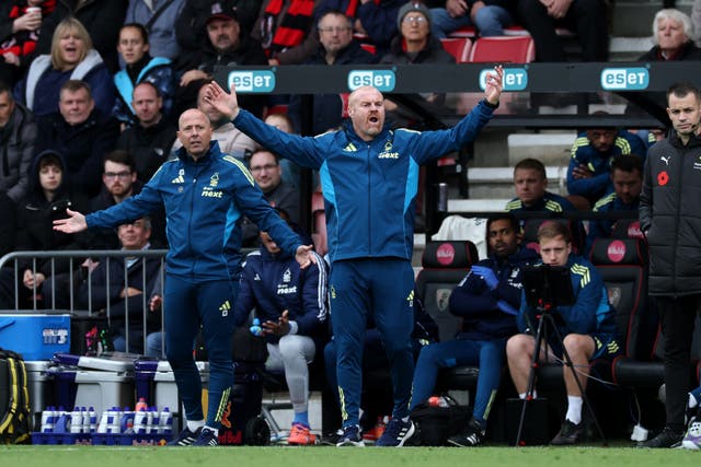 <p>Sean Dyche, Manager of Nottingham Forest, reacts during the Premier League match between Bournemouth and Nottingham Forest</p>
