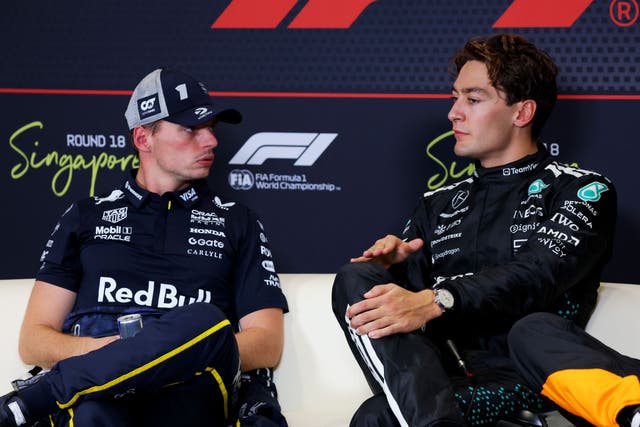 <p>Max Verstappen and George Russell pictured during media duties in Singapore</p>