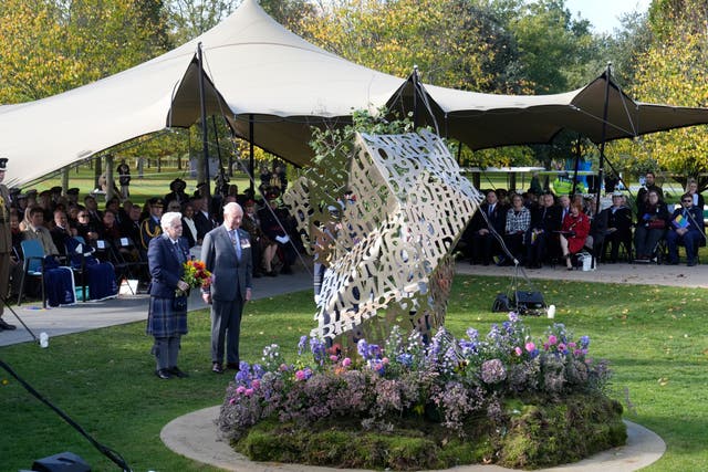 <p>King Charles III (2nd left) during a visit to the National Memorial Arboretum in Alrewas, Staffordshire, for the dedication ceremony of the LGBT+ Armed Forces memorial</p>