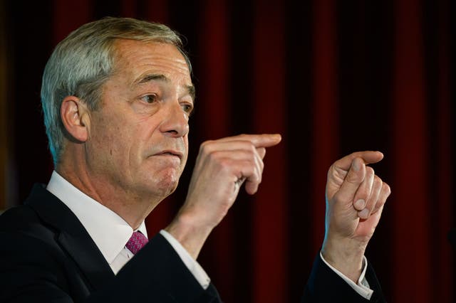 <p>Nigel Farage speaking in Westminster today</p>