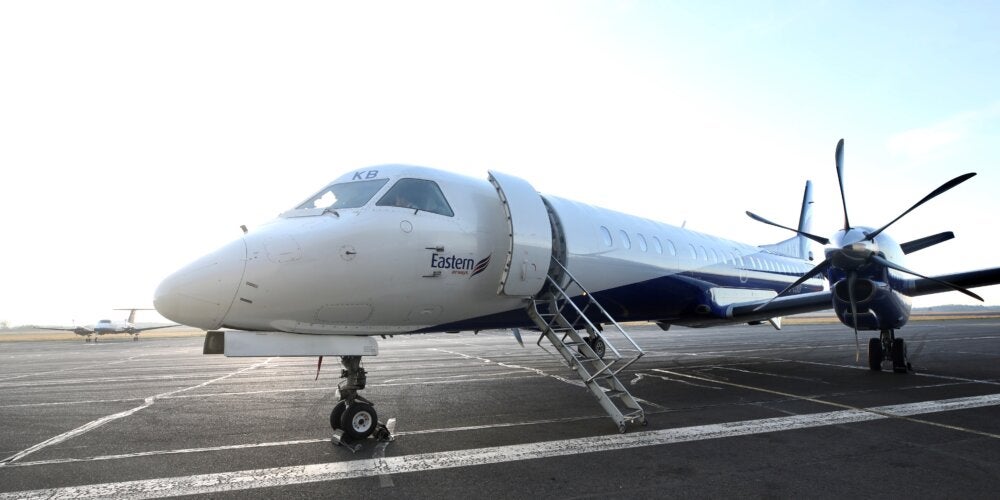 <p>Grounded: Eastern Airways aircraft at Teesside airport</p>