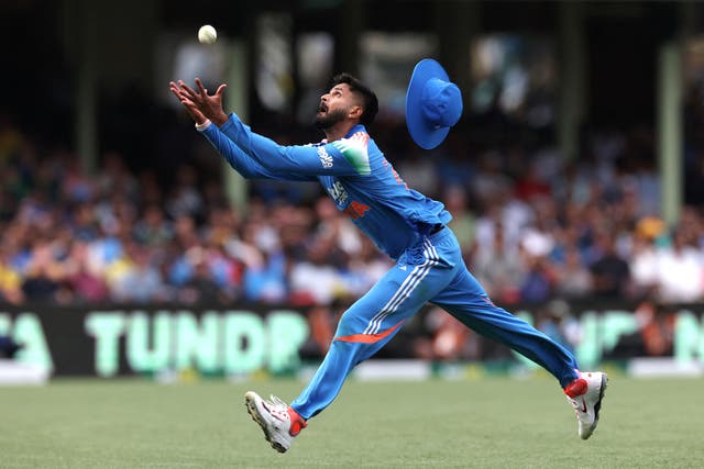 <p>India's Shreyas Iyer takes a catch during the match against Australia</p>