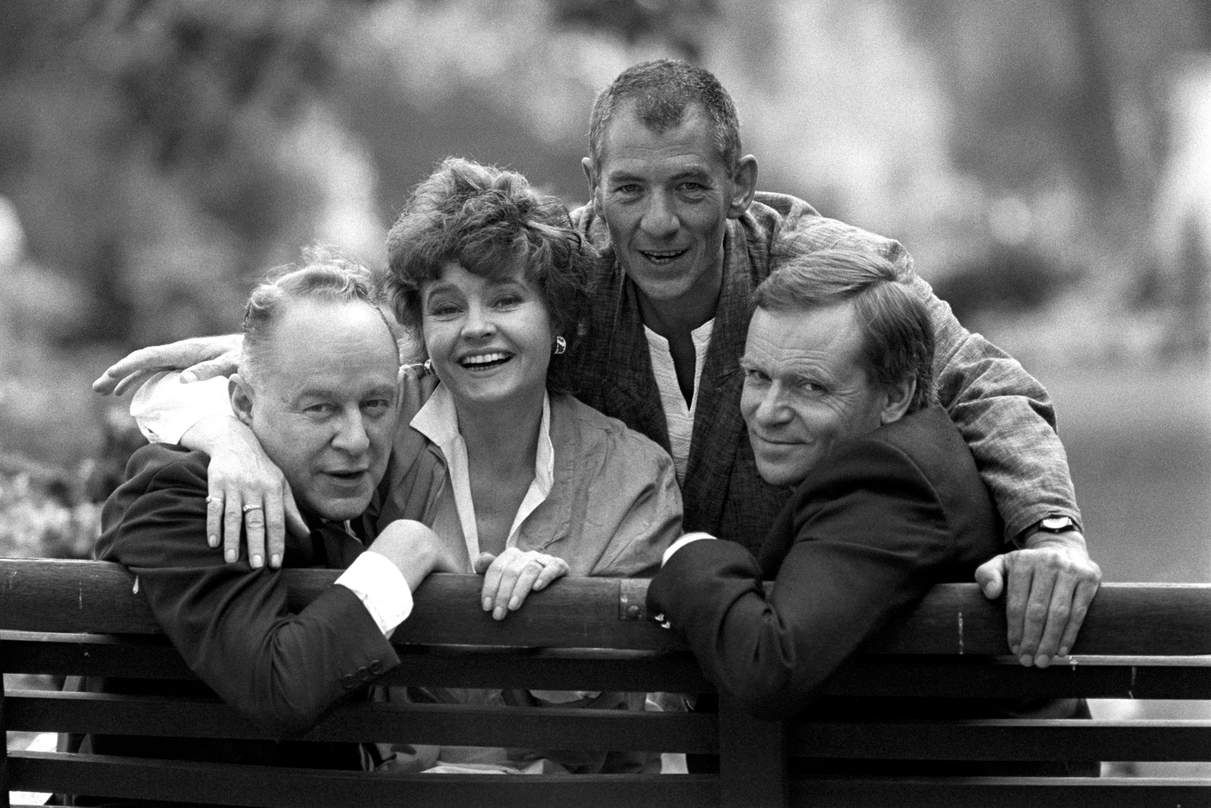 Archer (right) with actors Ian McKellen (center) and Prunella Scales, and radio and TV personality Ned Sherrin
