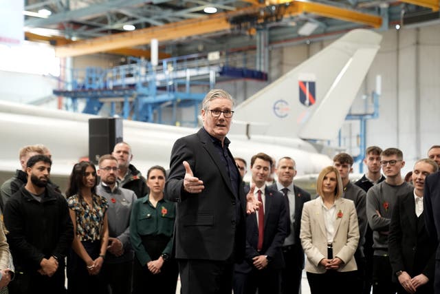 Prime Minister Sir Keir Starmer speaks to workers during a visit to BAE Systems in Warton, Preston (Stefan Rousseau/PA)