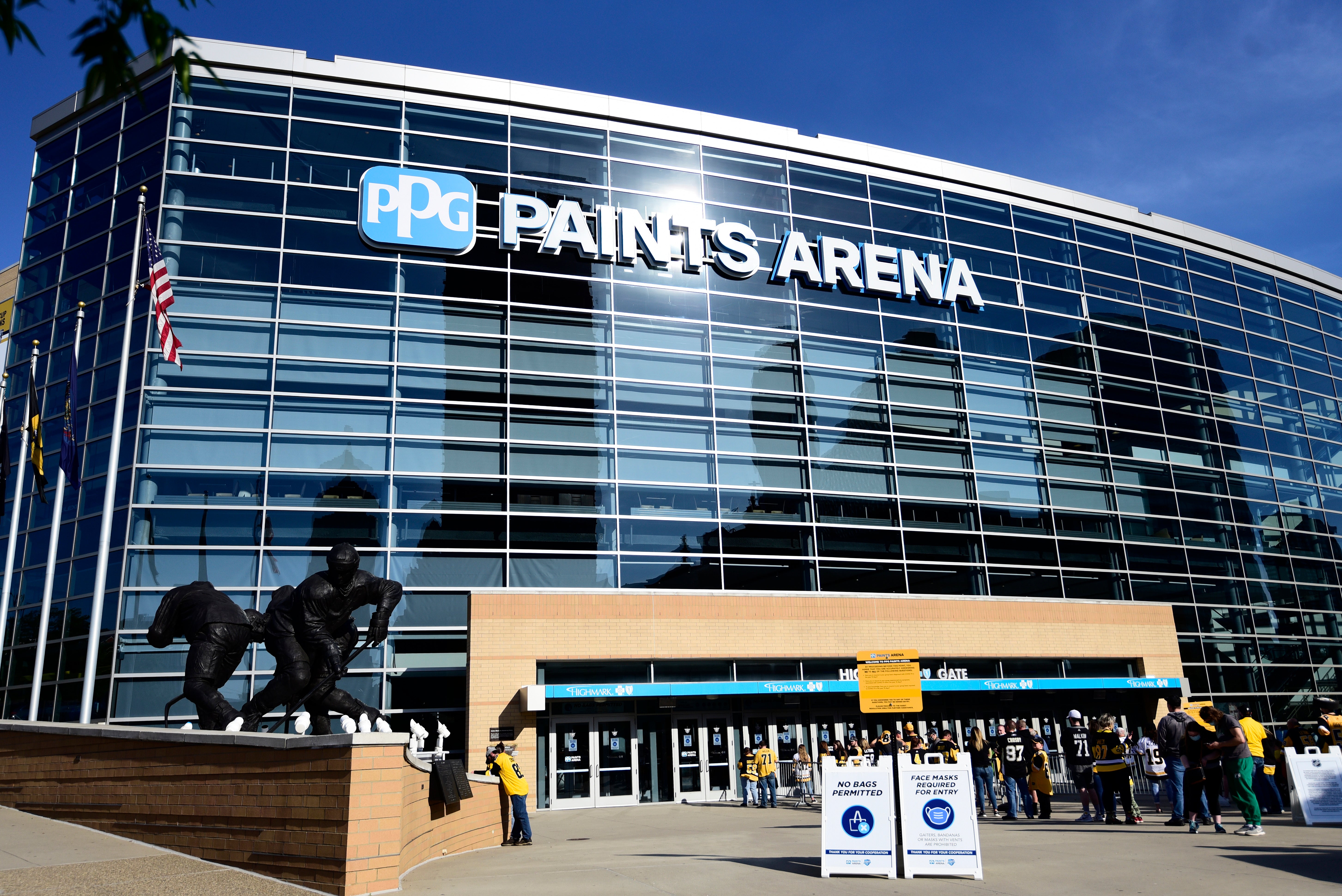 <p>A man fell from the 200-level concourse to the lower level Monday at PPG Paints Arena, hitting another fan along the way</p>
