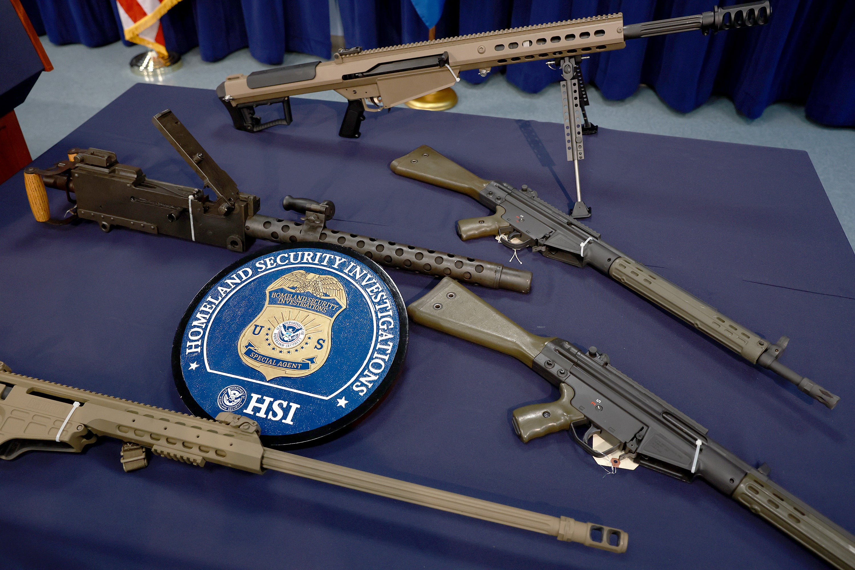 <p>Homeland Security Investigations displays a selection of  confiscated guns recovered as part of a crackdown on the smuggling of firearms and ammunition to the Caribbean at its Miami Field Office on August 17 2022</p>