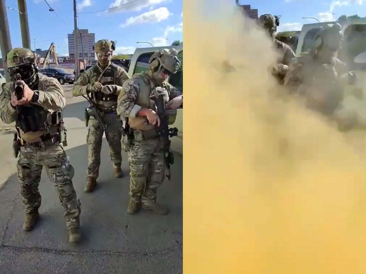 Before-and-after images submitted by plaintiffs in a lawsuit against federal agents' use of force at protests in Illinois appears to show officers firing chemical agents steps away from a demonstrator’s face October 23