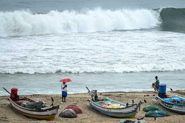<p>Fishing boats are moored to a safer area at the Marina beach as a preventive measure ahead of Cyclone Montha in Chennai</p>