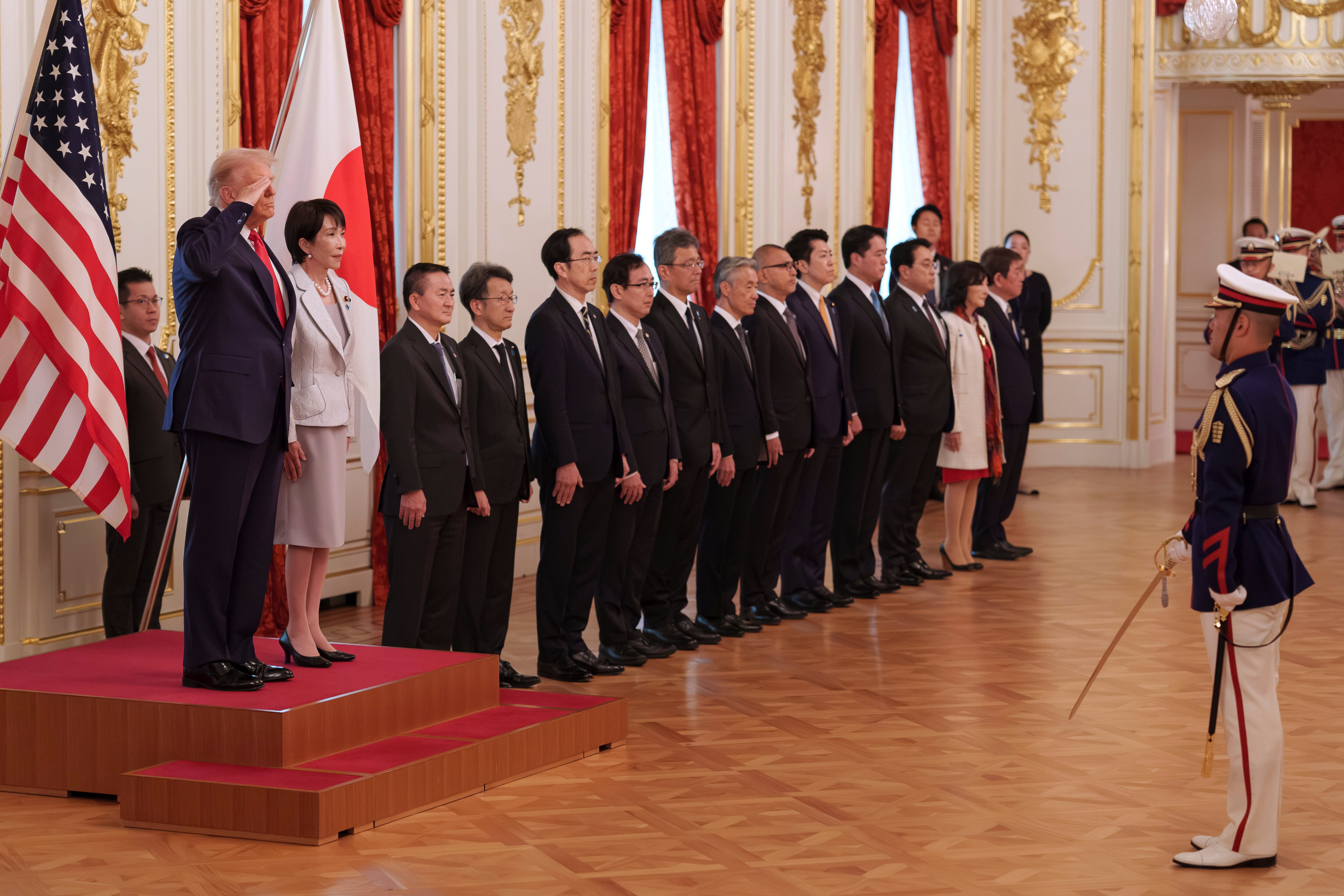 President Trump is currently on a tour of Asia, meeting with Japan’s president Sanae Takaichi (pictured) on Tuesday.