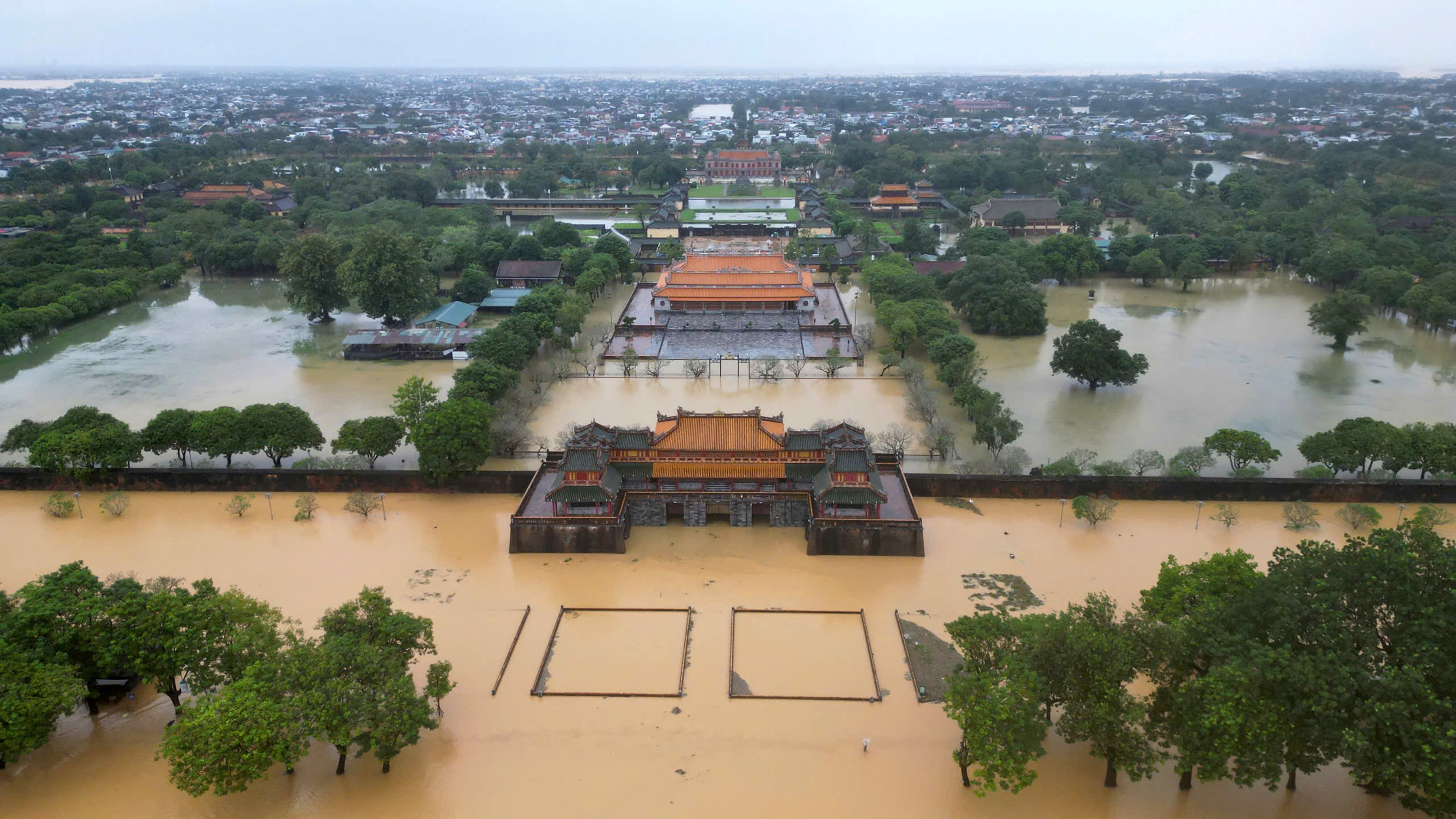 <p>An aerial view shows floodwaters inundating the Imperial City in Hue on October 28, 2025</p>