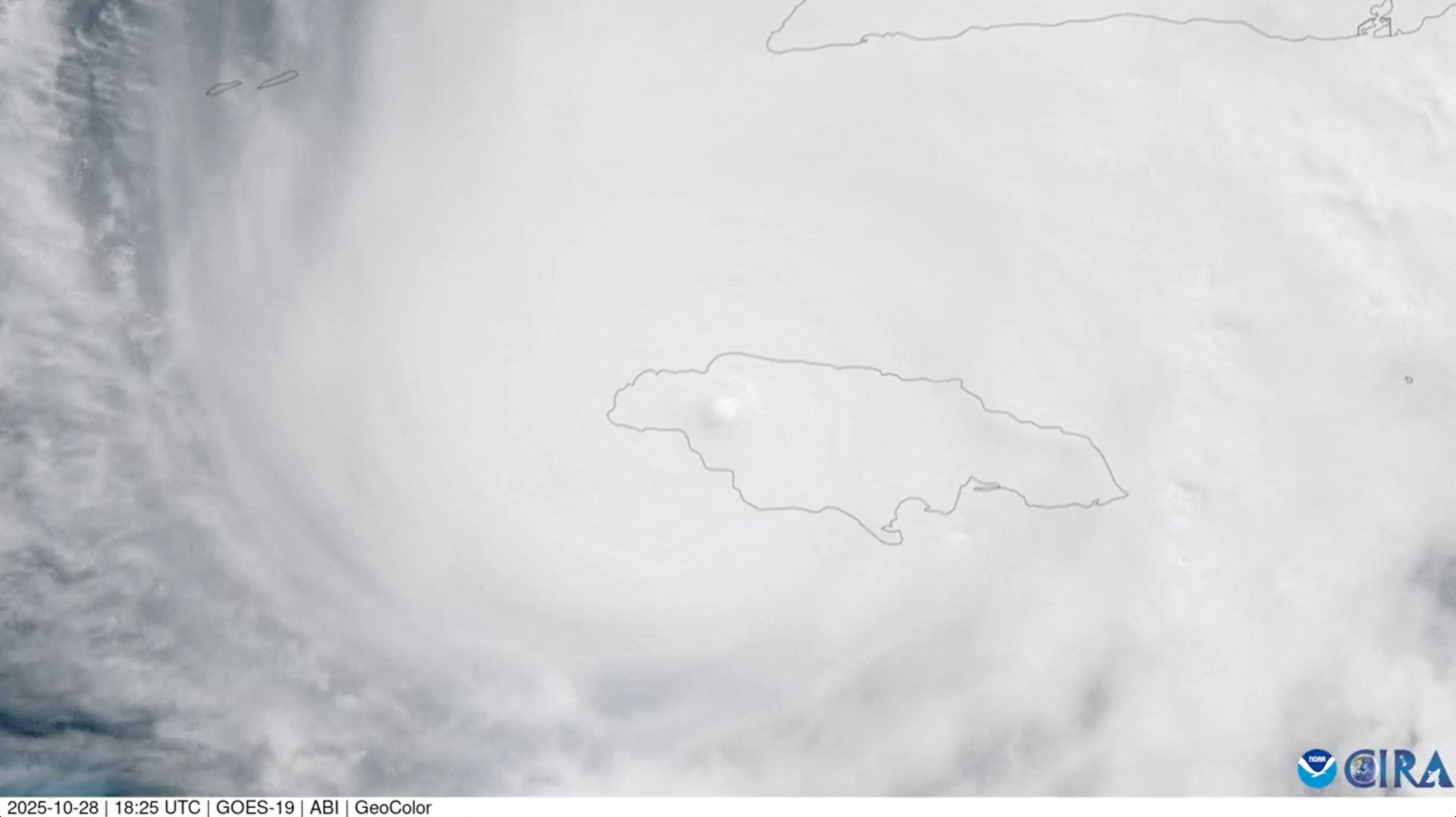 A satellite view shows Hurricane Melissa over Jamaica after making landfall on Tuesday