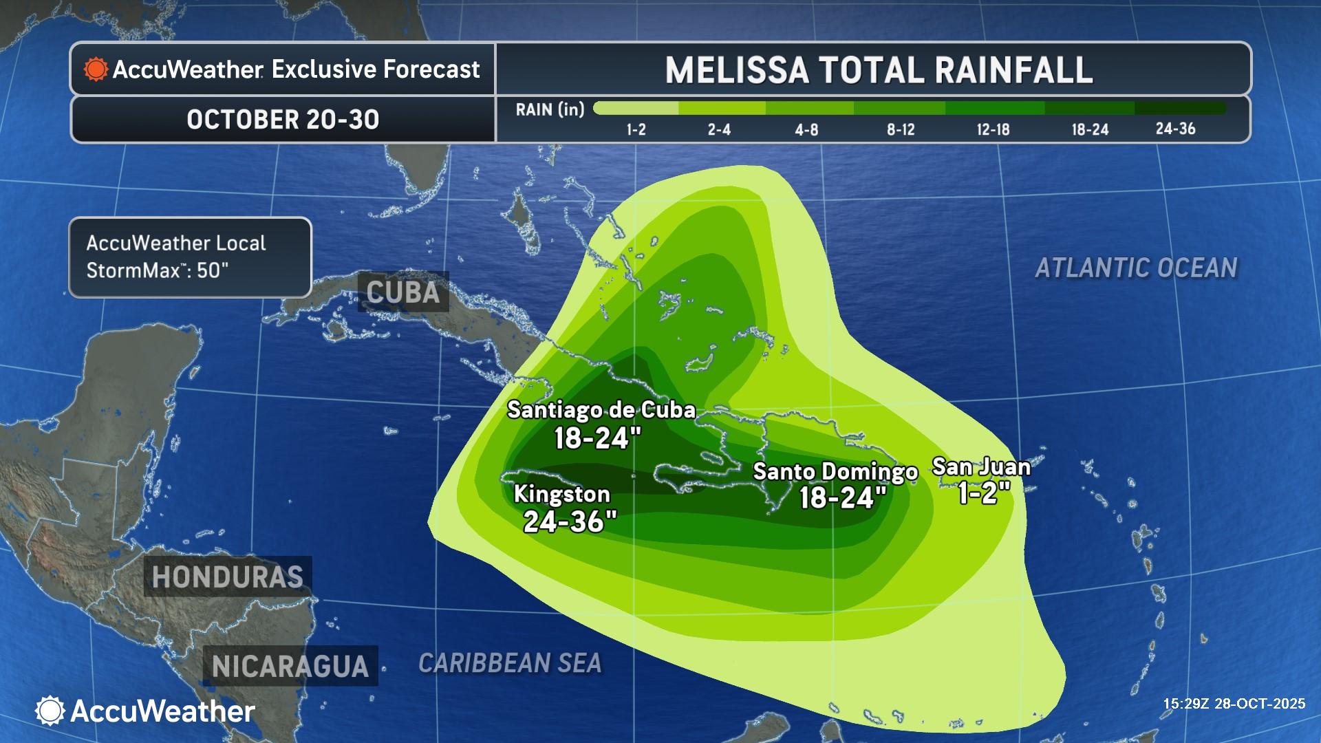 Total rainfall on Jamaica and Cuba during storm Melissa