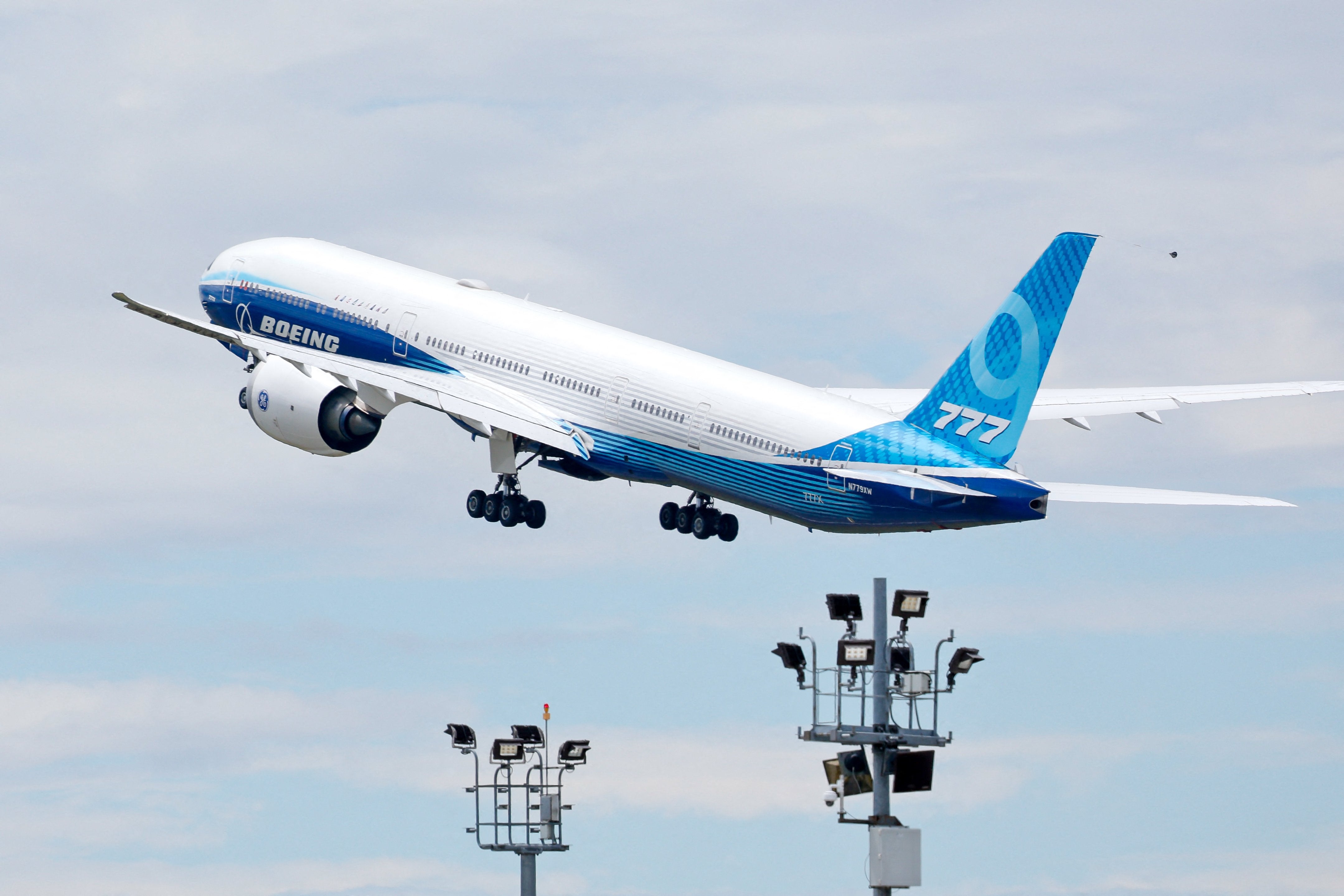 A 777X flight test aircraft takes off from Paine Field on June 26, 2024 in Everett, Washington