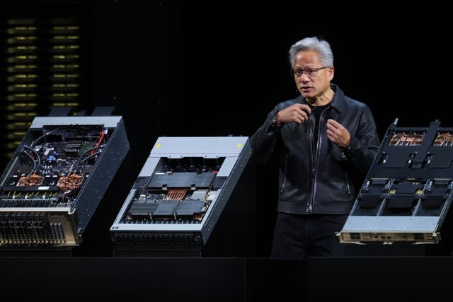 <p>Nvidia President and CEO Jensen Huang speaks about NVIDIA Omniverse as he delivers the keynote address during the Nvidia GTC on October 28, 2025 in Washington, DC</p>