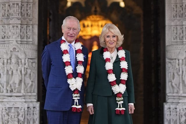 Charles and Camilla at the BAPS Shri Swaminarayan Mandir temple in Neasden (Aaron Chown/PA)