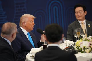 Prime Minister of Australia, Anthony Albanese (L), South Korean President, Lee Jae Myung (R) and Prime Minister of Singapore, Lawrence Wong (C,R) listen as U.S. President, Donald Trump (2nd L), speaks during a dinner in his honor, on October 29, 2025 in Gyeongju, South Korea.