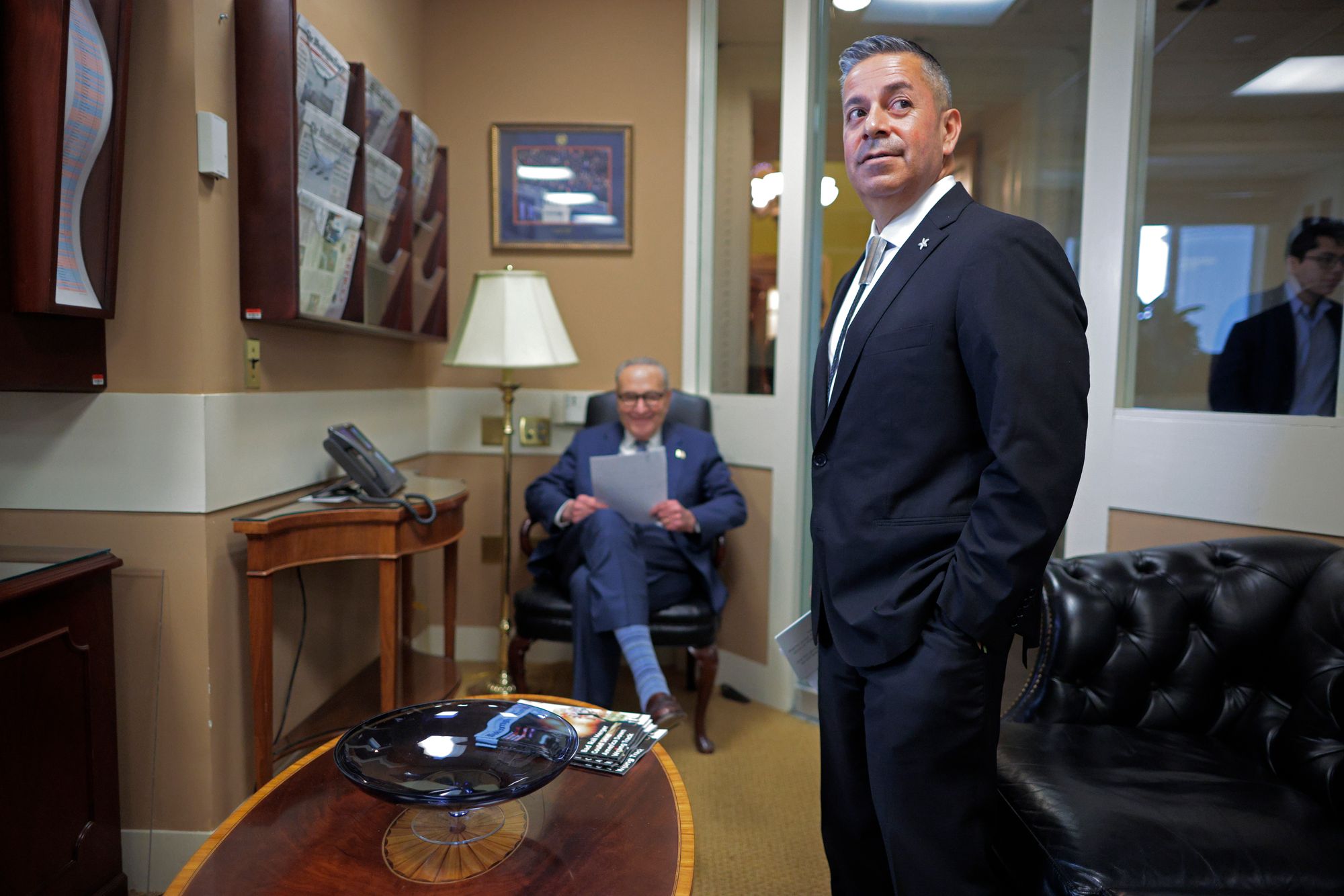 <p> Senate Minority Leader Charles Schumer (D-NY) (L) and Sen. Ben Ray Lujan (D-NM) prepare for a news conference with fellow Senate Democrats to introduce legislation that would ensure SNAP and WIC benefits are issued until the end of the federal government shutdown.</p>
